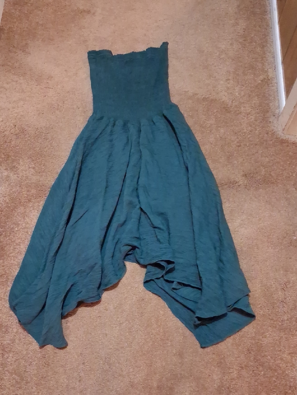 Teal Strapless Handkerchief Hem Dress